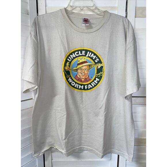 Uncle Jim's Worm Farm White Cotton T Shirt XL Made Is USA Screen Print - Picture 1 of 7